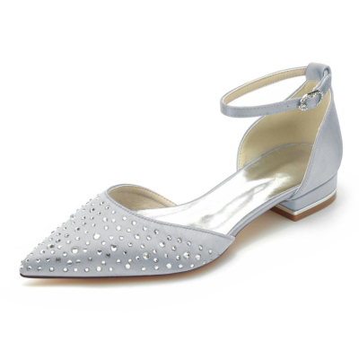 Zapatos planos con adornos de diamantes de imitación plateados D'orsay Flats con correa en el tobillo para boda