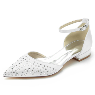 Zapatos planos adornados con diamantes de imitación blancos D'orsay con correa en el tobillo para boda