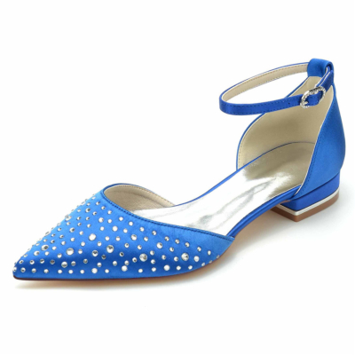 Zapatos planos con adornos de diamantes de imitación azul real D'orsay Flats con correa en el tobillo para boda