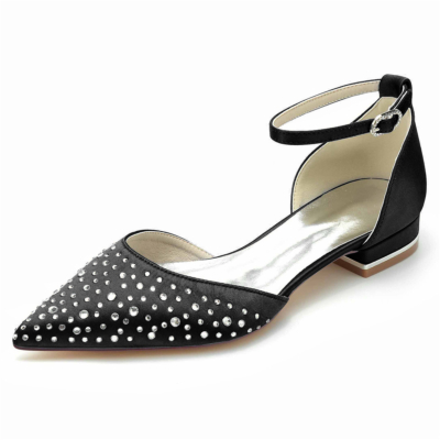 Zapatos planos con adornos de diamantes de imitación negros D'orsay Flats con correa en el tobillo para boda