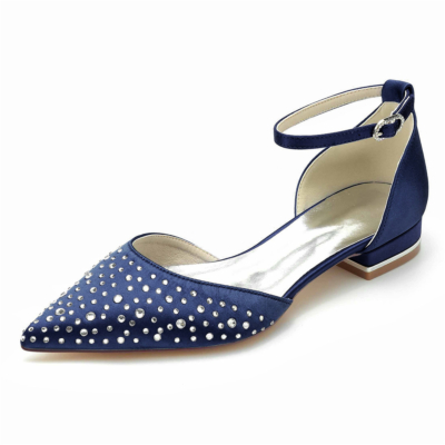 Zapatos planos con joyas y correa en el tobillo adornados con diamantes de imitación azul marino D'orsay para boda