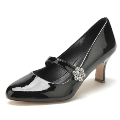 Zapatos de tacón bajo con punta redonda para vestido Mary Jane con diamantes de imitación negros para baile