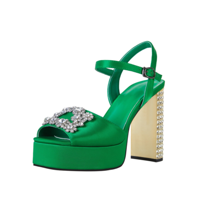 Sandalias de plataforma con diamantes de imitación de satén verde Sandalias de fiesta con hebilla y tacones gruesos con joyas