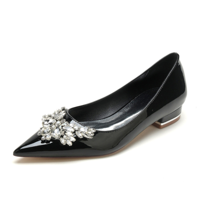 Zapatos de vestir planos con punta estrecha y diamantes de imitación negros para fiesta