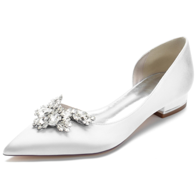 Zapatos de vestir con pedrería blanca y punta puntiaguda, zapatos planos de satén con corte lateral y joyas