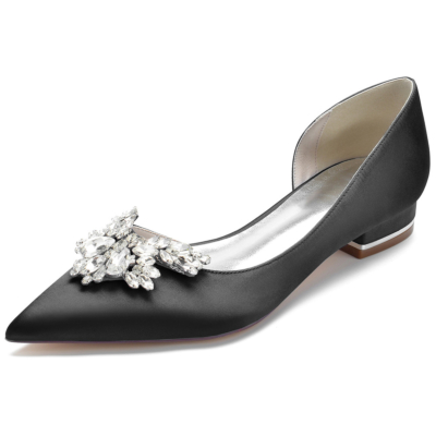 Zapatos de vestir con pedrería negros y puntiagudos de satén con corte lateral y joyas