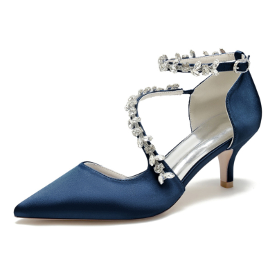 Tacones de gatito de satén con diamantes de imitación azul oscuro, zapatos de tacón bajo con cruz nupcial Ctrap D'orsay