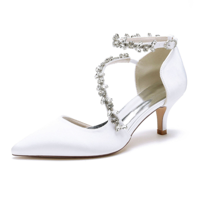 Tacones de gatito de satén con diamantes de imitación blancos, zapatos de tacón bajo con cruz nupcial Ctrap D'orsay