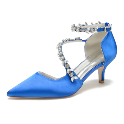 Tacones de gatito de satén con diamantes de imitación azul real, zapatos de tacón bajo con cruz nupcial Ctrap D'orsay