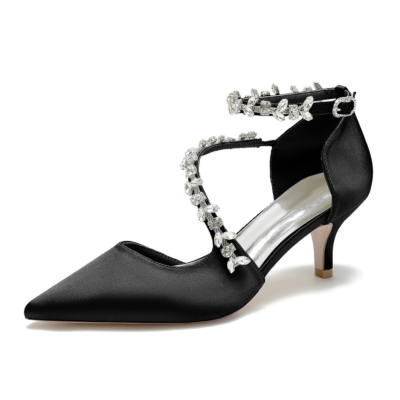Tacones de gatito de satén con diamantes de imitación negros, zapatos de tacón bajo con cruz nupcial Ctrap D'orsay