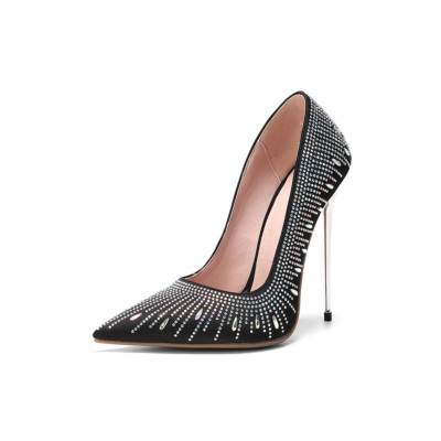 Zapatos de tacón de satén con diamantes de imitación negros, zapatos de vestir con punta en pico, tacones de aguja metálicos con punta cerrada