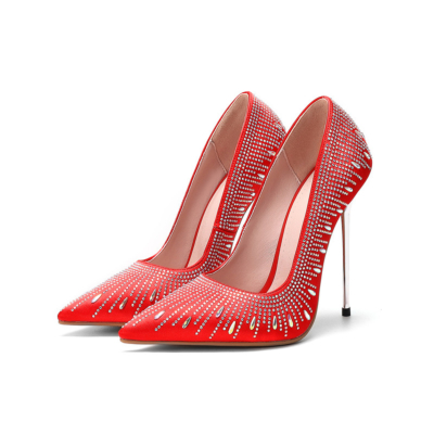 Zapatos de tacón de satén con diamantes de imitación rojos, zapatos de vestir con punta en pico, tacones de aguja metálicos con punta cerrada