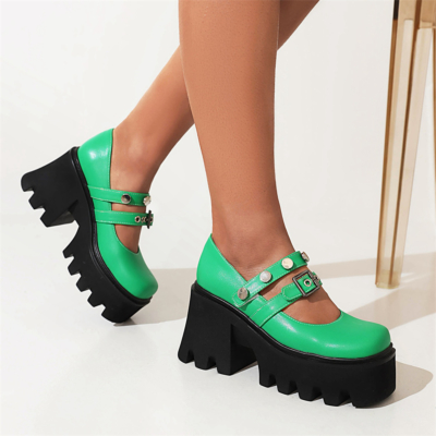 Y2K Rivet Platform Chunky Mary Jane Heels Zapatos de tacón de bloque con hebilla de doble correa