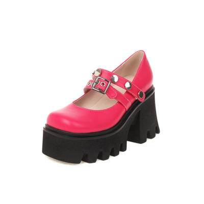 Pink Rivet Platform Chunky Mary Jane Heels Zapatos de tacón de bloque con hebilla de doble correa Y2K