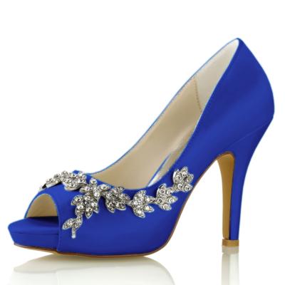 Royal Blue Satin Peep Toe Zapatos de boda Flores de diamantes de imitación Plataforma de tacón de aguja Bombas