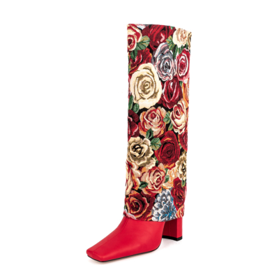 Botas altas hasta la rodilla con bordado de flores de rosas rojas Botines con punta cuadrada y tacón grueso