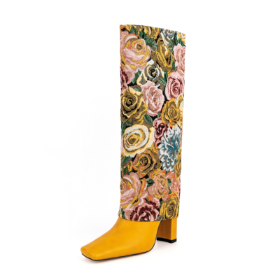 Botas hasta la rodilla con bordado de flores de rosas amarillas, botines con punta cuadrada y tacón grueso