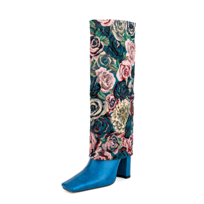 Botas altas hasta la rodilla con bordado de flores de rosas azules, botines con punta cuadrada y tacón grueso