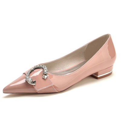 Zapatos de vestir con punta en pico para mujer, color rosa, redondos, con hebilla enjoyada