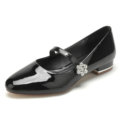 Zapatos punta redonda Mary Jane Ballet Flats Rhinestone flor hebilla negro