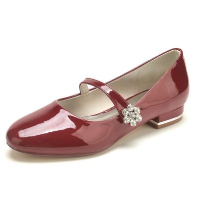 Zapatos borgoña con punta redonda Mary Jane Ballet Flats Rhinestone Flower Buckle