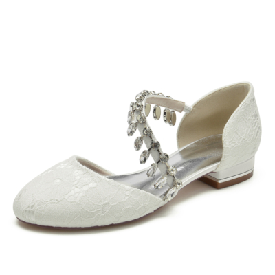 Zapatos planos de boda con encaje y flecos de diamantes de imitación con punta redonda color marfil