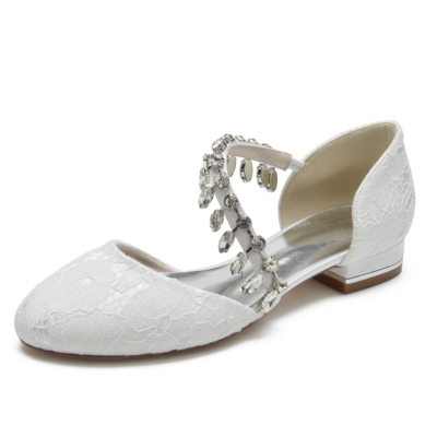 Zapatos planos de boda con encaje y flecos de diamantes de imitación con punta redonda