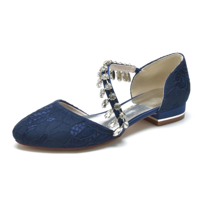 Zapatos planos de boda con encaje y flecos de diamantes de imitación con punta redonda azul marino