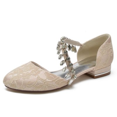 Zapatos planos de boda con encaje y flecos de diamantes de imitación con punta redonda Champange