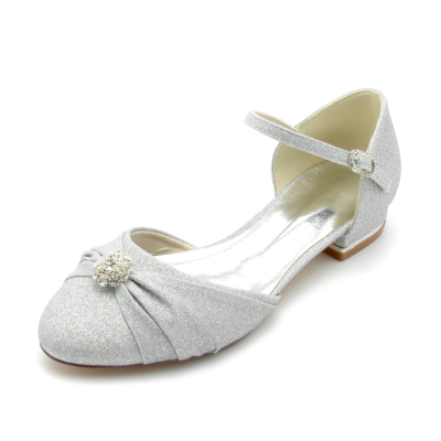 Zapatos de boda con correa de tobillo plana con purpurina y lazo con volantes de diamantes de imitación y punta redonda plateados