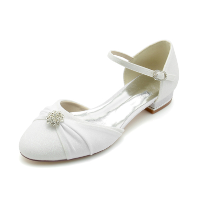 Zapatos de boda con correa en el tobillo plana con purpurina y lazo con volantes de diamantes de imitación y punta redonda blancos