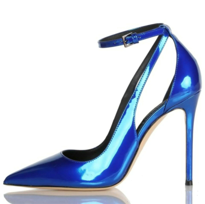 Tacones metálicos azul real Zapatos de tacón de aguja con punta puntiaguda Bombas con correa en el tobillo