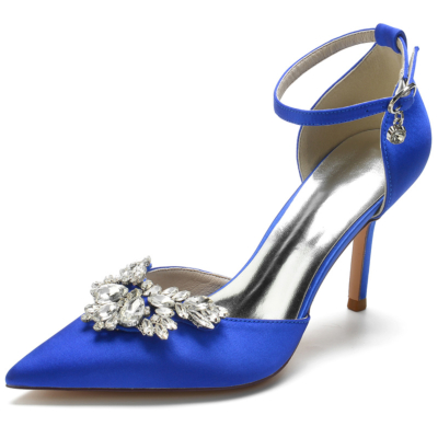 Zapatos de boda con tacón de aguja y diamantes de imitación con correa en el tobillo y punta estrecha de satén azul real