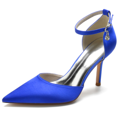 Zapatos de boda de tacón de aguja con correa en el tobillo y punta estrecha de satén azul real