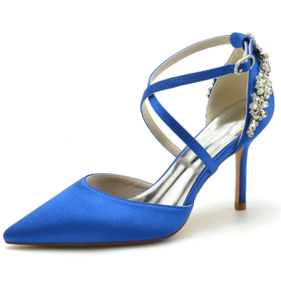 Zapatos de boda de tacón de aguja con correa cruzada y punta estrecha de satén azul real