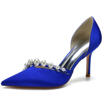 Zapatos de boda con tacón de aguja y perlas en punta de satén azul real