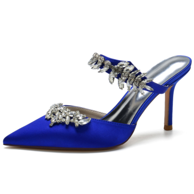 Zapatos de boda de satén azul real con punta estrecha y tacón de aguja con diamantes de imitación