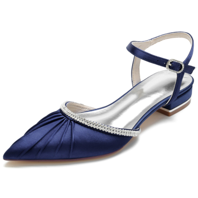 Zapatos planos D'orsay con punta en punta y volantes azul marino Zapatos planos con joyas de satén