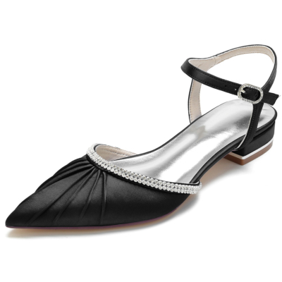 Zapatos planos D'orsay con punta en punta y volantes negros Zapatos planos con joyas de satén