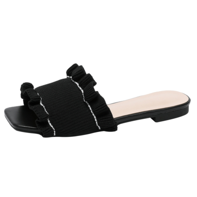 Sandalias planas con volantes negros Sandalias cómodas de verano para mujer