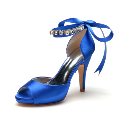 Zafiro azul peep toe arco zapatos de boda correa de tobillo tacón de aguja plataforma sandalias