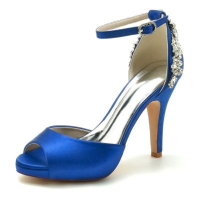 Zapatos de boda con punta abierta de satén azul zafiro Sandalias con plataforma de tacón de aguja con correa en el tobillo