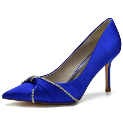 Zapatos de boda de satén azul zafiro Zapatos de tacón de aguja con punta estrecha y lazo
