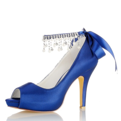 Zapatos de boda con punta abierta de satén azul zafiro Zapatos de tacón de aguja con correa en el tobillo Bombas de plataforma
