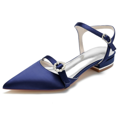 Zapatos planos con tiras en el tobillo de satén azul marino con punta cerrada y tiras sin espalda
