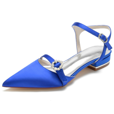Royal Blue Satin Tobillo Correa Flats Zapatos planos con tiras sin espalda con punta cerrada