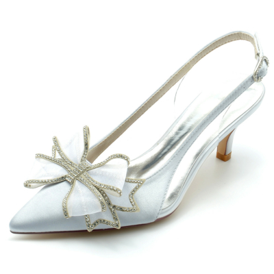 Zapatos de salón con lazo de satén gris Tacones de gatito Bombas transparentes con punta en punta