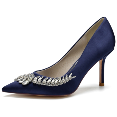 Zapatos de tacón de aguja con punta estrecha y flores de satén azul marino