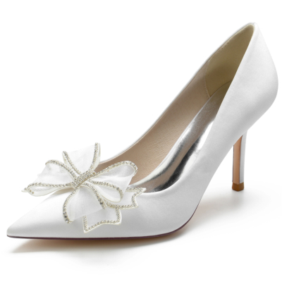 Tacones de boda con lazo de cristales de satén blanco Zapatos de tacón de aguja con punta cerrada para novia