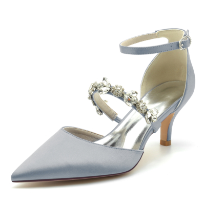 Zapatos de tacón de gatito de satén gris D'orsay con correa de cristal-style9